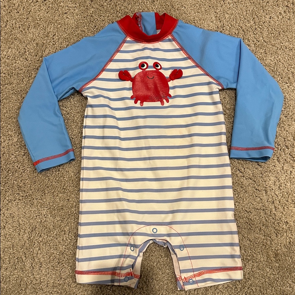 LITTLE ME: Striped One-Piece Swimsuit / Rash-guard with Crab Size 24 months